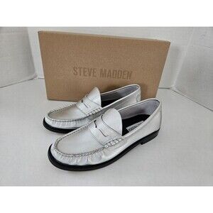 Steve Madden Kingston Silver Leather Penny Loafers Sz 6
